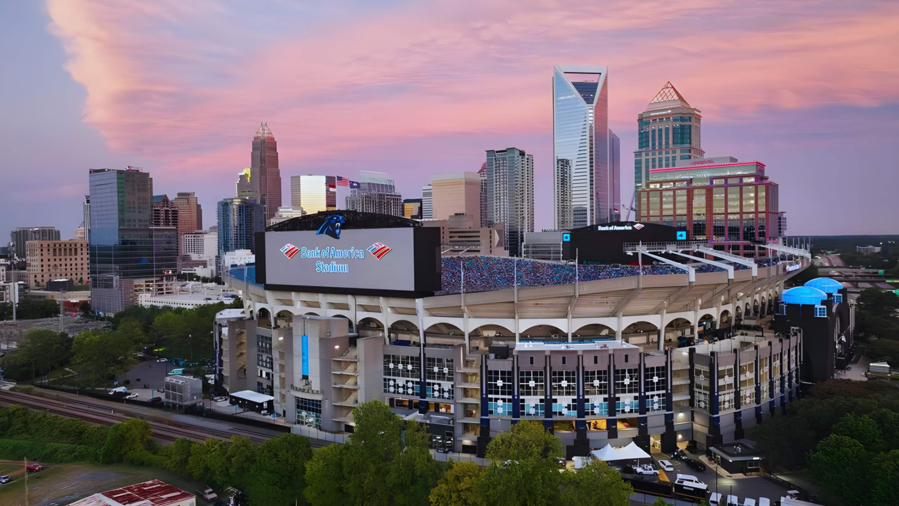 Stunning night view of Bank of America Stadium in Charlotte, NC, hosting Kendrick Lamar and SZA's concert on May 3, 2025.